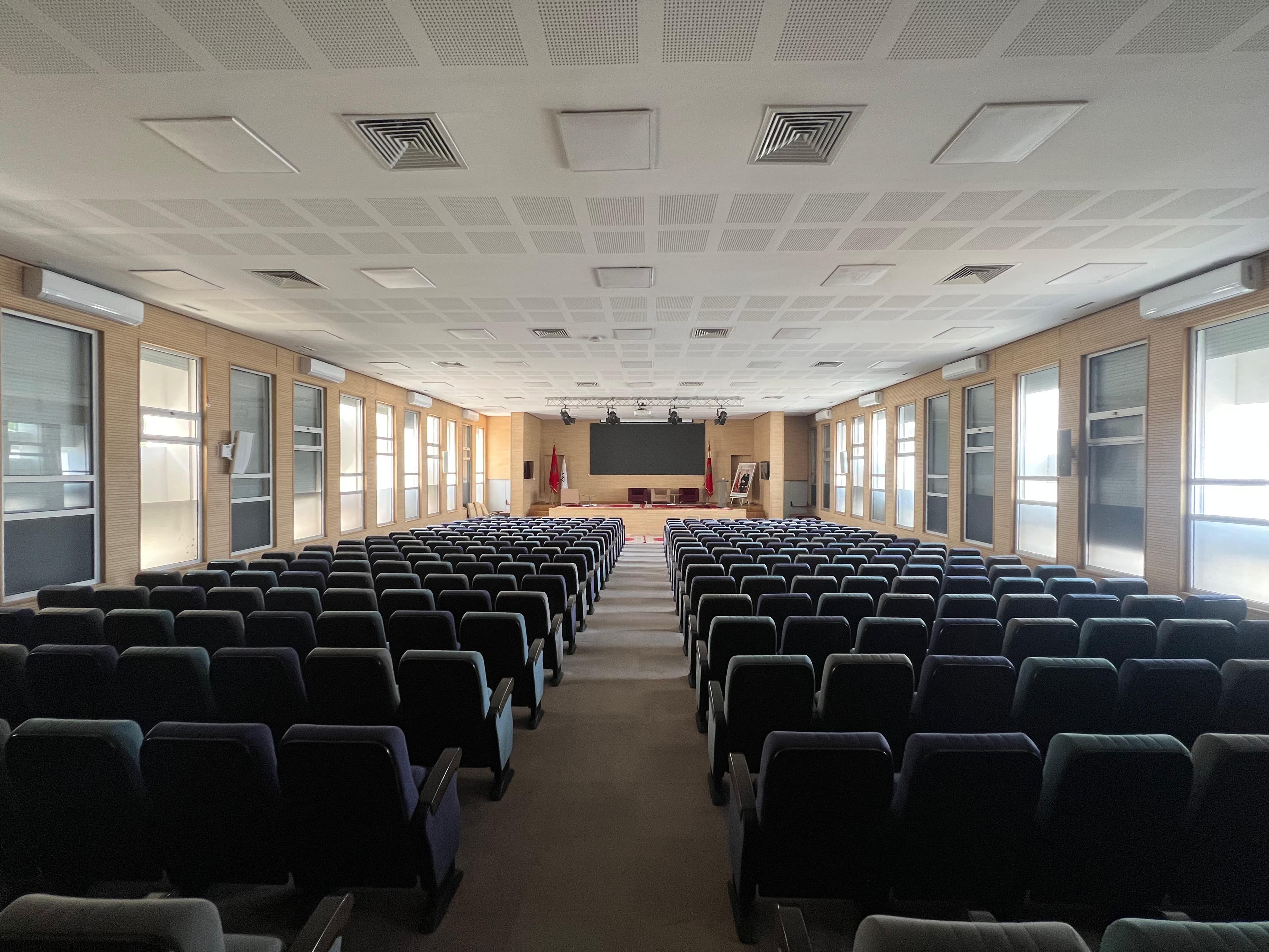 Rear view of the Bennani Amphitheater with projection screen lit.