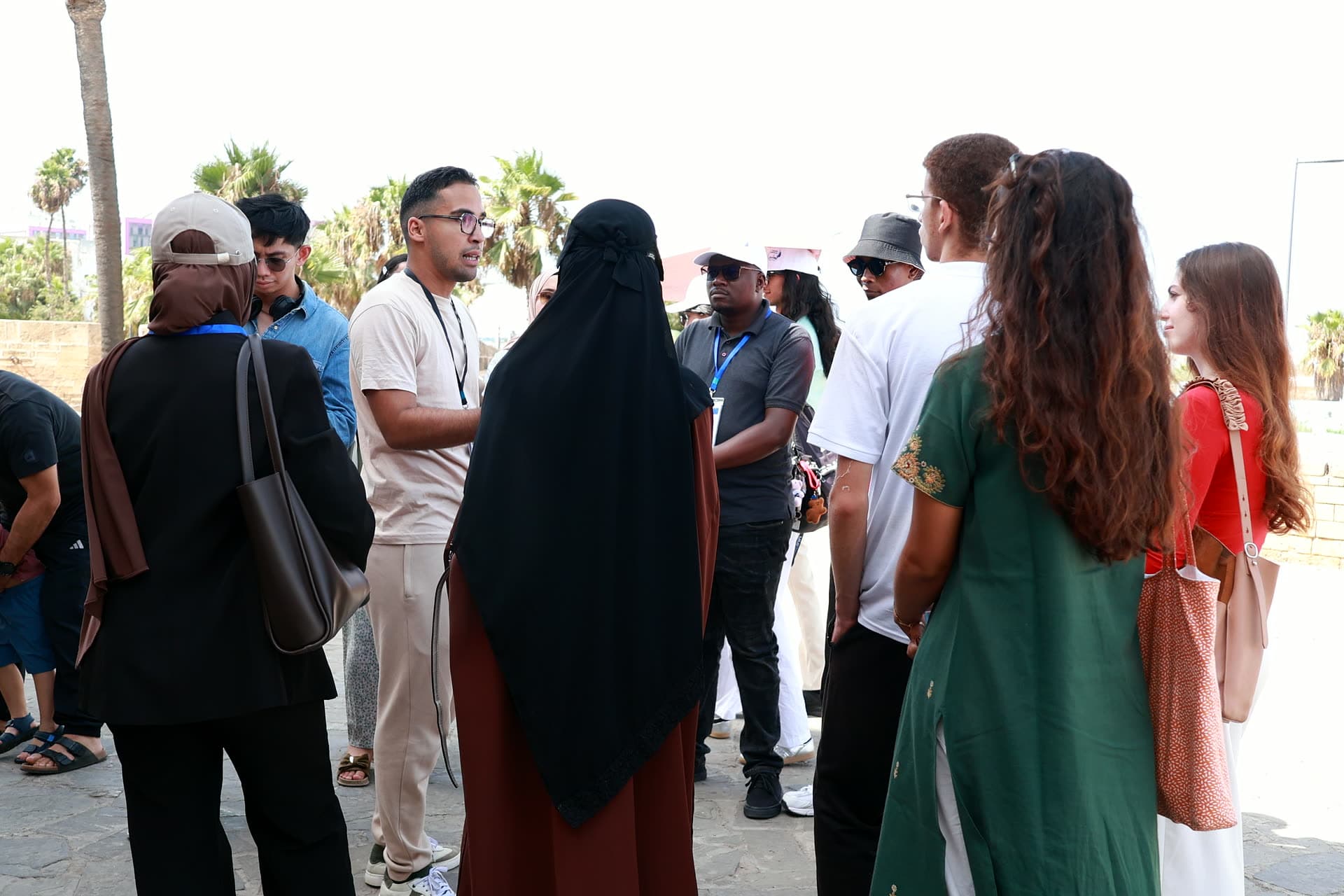 The group gathered around the guide in the sqala courtyard, palms in the background.