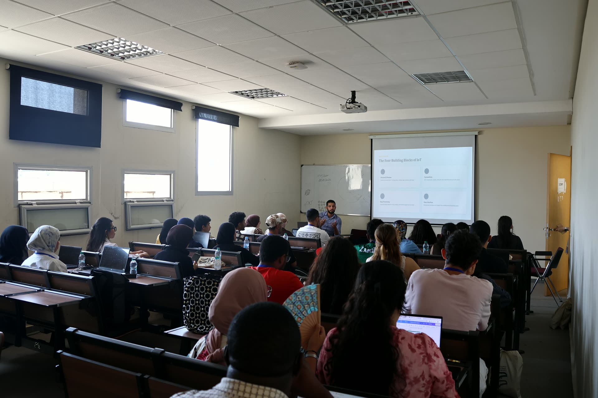 Hands-on workshop session with the exercise projected at the front of the classroom.