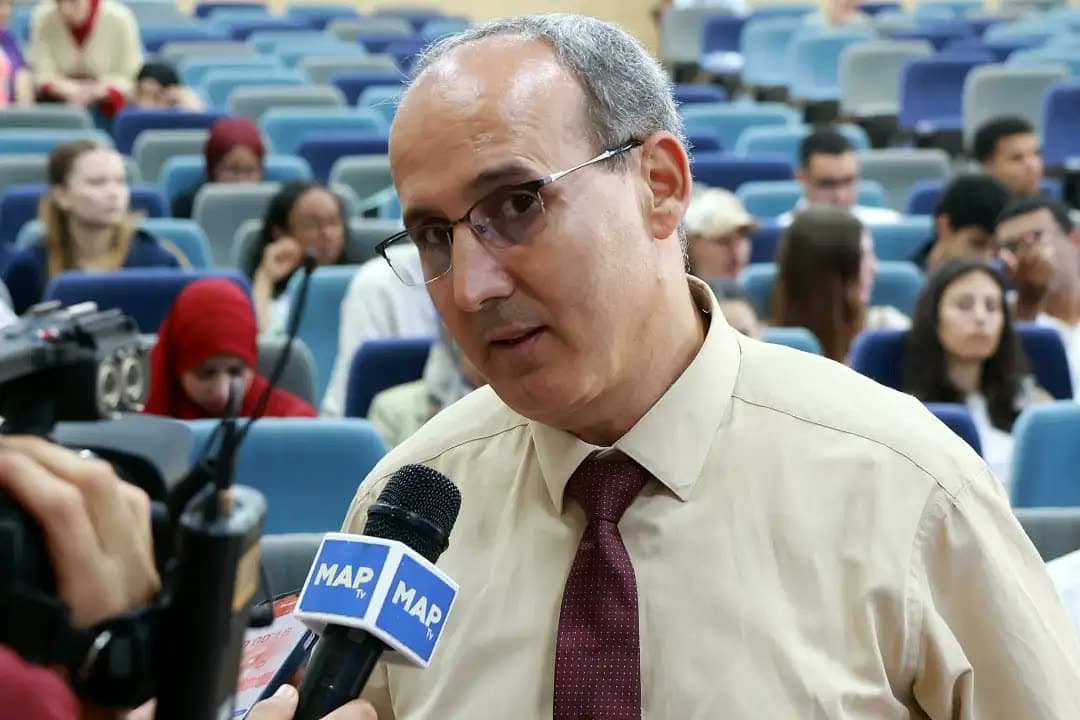 Pr. Ahmed Naddami, Director of ENSEM and coordinator of the UH2C Summer School 2026, interviewed by the press at the ceremony.