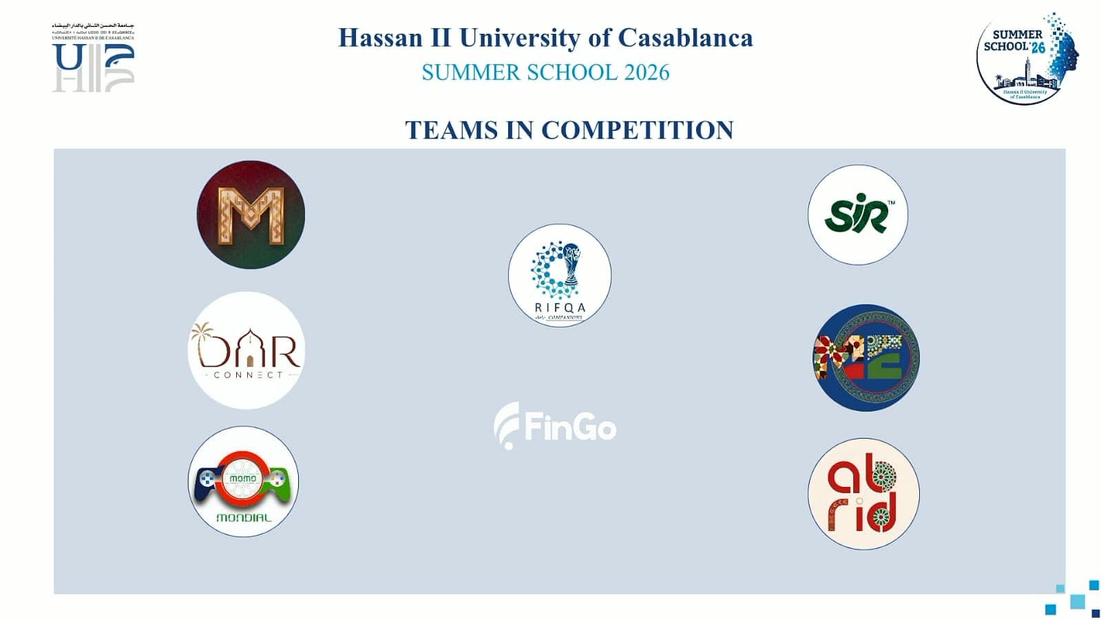 Slide showing the logos of the eight teams in competition.
