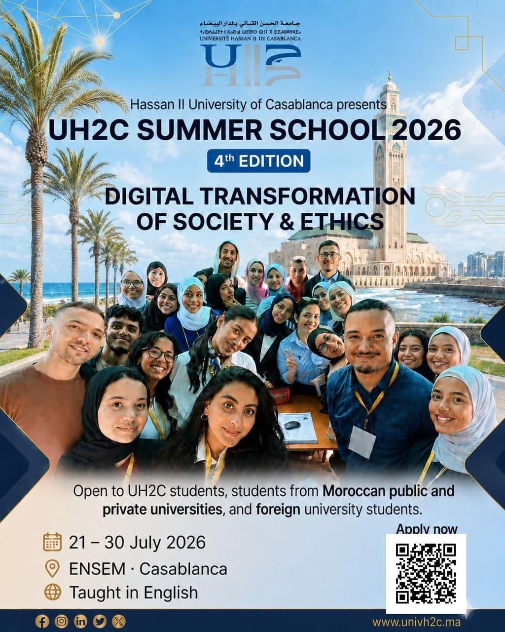 Official poster of the 4th edition (2026) — UH2C Summer School — Digital Transformation of Society & Ethics, 21–30 July 2026, Casablanca.